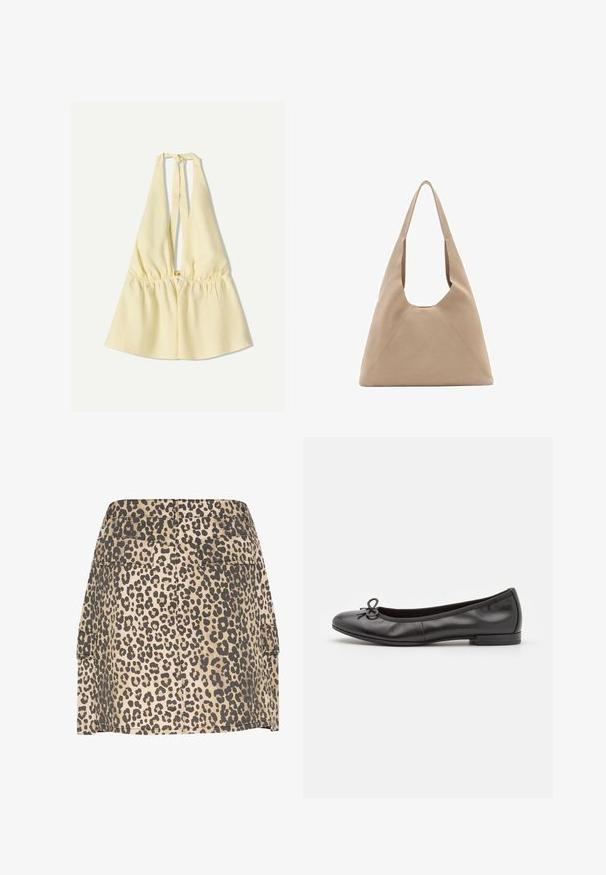 Žuta halter top s elastičnim strukom, s dubokim V izrezom i vezicama na vratu. Glatka pamučna tekstura.; Denim suknja s leopard uzorkom u bež i crnoj boji, s prilagođenim strukom, dva stražnja džepa i ravnim rubom. Teksturirana tkanina s izrazitim uzorkom.; Crne kožne baletanke s okruglim vrhom, malom mašnom sprijeda i niskim kvadratnim potpeticama. Glatka tekstura.; Bež torba od tkanine s jedinstvenim trokutastim oblikom, širokim naramenicama i vidljivim detaljima šavova za dodatnu strukturu.