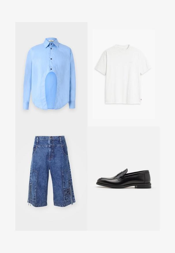 Világoskék, hosszú ujjú ing, hegyes gallérral, fekete gombokkal, és egyedi kivágással elöl, amely különleges dizájnt kölcsönöz.; Fehér pamut póló rövid ujjakkal, kerek nyakkal és diszkrét Levi's logóval a középen. Puha tapintású és szabványos szabású.; Közékkék farmer cargo sort, elülső zsebekkel, oldalsó cargo zsebekkel és cipzáras részletekkel. Egyenes szabással és textúrázott anyaggal rendelkezik.; Fekete bőr loaferek sima textúrával, kerek orral és dekoratív pánttal a vampnál. Alacsony, rétegelt sarkú, minimalista dizájn.