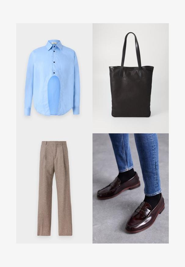 Lysblå langærmet skjorte med spids krave, sorte knapper og et unikt udskæring foran for et særpræget design.; Brune, højtaljede bukser lavet af tekstureret stof. Har brede ben og to frontfoldninger for struktur. Pæn finish uden synlig hardware.; Paul Smith LIDO BORDO - Business loafers - red; Sort lærred tote taske med sorte læderhåndtag. Simpelt design, rummelig krop og en glat overflade. Ingen synlige logoer eller mønstre.