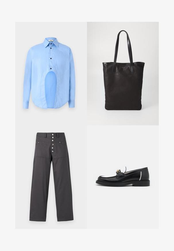 Light blue long-sleeve shirt with a pointed collar, black buttons, and a unique cutout in the front for distinctive design.; Gray wide-leg pants made of lightweight fabric, featuring a button-fly closure with five metallic buttons and two front pockets.; Black leather loafer with a rounded toe, white accents, and gold hardware on the vamp. Features a textured patch and stacked heel.; Black canvas tote bag with black leather handles. Simple design, spacious body, and a smooth texture. No visible logos or patterns.