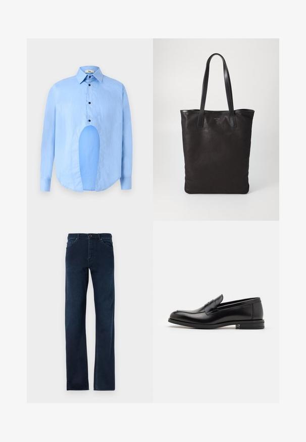 Světle modrá košile s dlouhými rukávy, špičatým límcem, černými knoflíky a unikátním výřezem vpředu pro výjimečný design.; Tmavě modré denimové džíny se rovnými nohavicemi, pěti kapsami, knoflíkovým zapínáním a kontrastním prošíváním podél švů.; Černé kožené polobotky s hladkou texturou, zaoblenou špičkou a zdobným páskem přes nárt. Nízký stohovaný podpatek, minimalistický design.; Černá plátěná taška s černými koženými uchy. Jednoduchý design, prostorné tělo a hladký povrch. Žádné viditelné loga ani vzory.