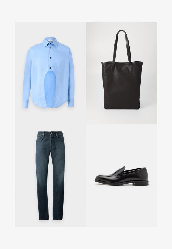 Light blue long-sleeve shirt with a pointed collar, black buttons, and a unique cutout in the front for distinctive design.; Dark denim jeans with a straight fit, classic five-pocket design, contrasting stitching, and a subtle faded effect at the thighs.; Black leather loafers with a smooth texture, rounded toe, and a decorative strap across the vamp. Low stacked heel, minimalist design.; Black canvas tote bag with black leather handles. Simple design, spacious body, and a smooth texture. No visible logos or patterns.