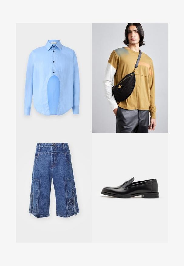 Light blue long-sleeve shirt with a pointed collar, black buttons, and a unique cutout in the front for distinctive design.; Denim cargo shorts in medium blue with front pockets, side cargo pockets, and zipper details. Features a straight cut and textured fabric.; Black leather loafers with a smooth texture, rounded toe, and a decorative strap across the vamp. Low stacked heel, minimalist design.; Vivienne Westwood CITY BUMBAG UNISEX - Bum bag - black