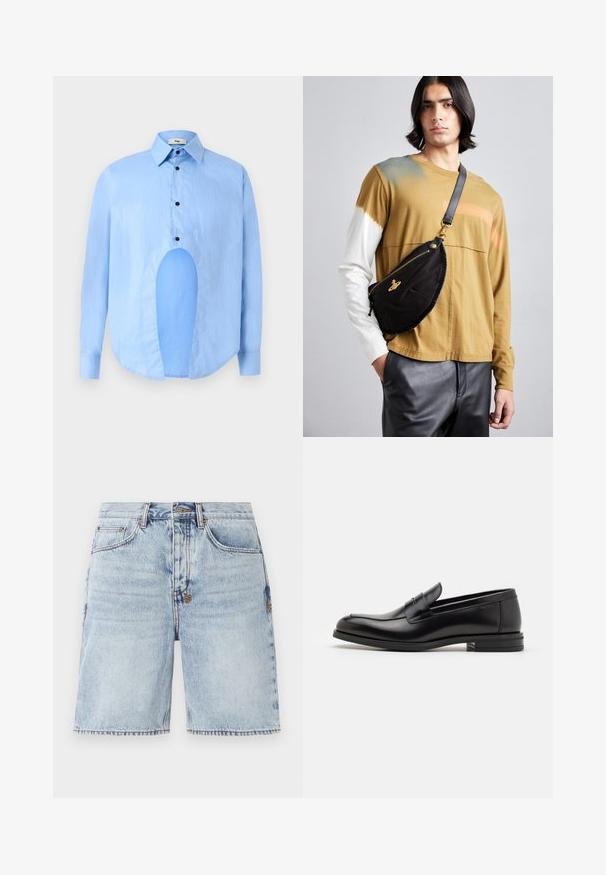 Světle modrá košile s dlouhými rukávy, špičatým límcem, černými knoflíky a unikátním výřezem vpředu pro výjimečný design.; Světle modré denimové šortky s rovnýcm střihem, pěti kapsami a kontrastním šitím. Na spodu svařovaný lem. Předmytá textura.; Černé kožené polobotky s hladkou texturou, zaoblenou špičkou a zdobným páskem přes nárt. Nízký stohovaný podpatek, minimalistický design.; Vivienne Westwood CITY BUMBAG UNISEX - Ledvinka - black