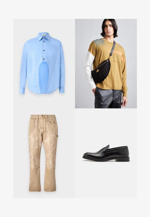Světle modrá košile s dlouhými rukávy, špičatým límcem, černými knoflíky a unikátním výřezem vpředu pro výjimečný design.; Beige džíny s vybledlým povrchem, vysokým pasem, předními kapsami, kontrastním šitím a rozšířenými nohavicemi. Obsahují kovové detaily.; Černé kožené polobotky s hladkou texturou, zaoblenou špičkou a zdobným páskem přes nárt. Nízký stohovaný podpatek, minimalistický design.; Vivienne Westwood CITY BUMBAG UNISEX - Ledvinka - black