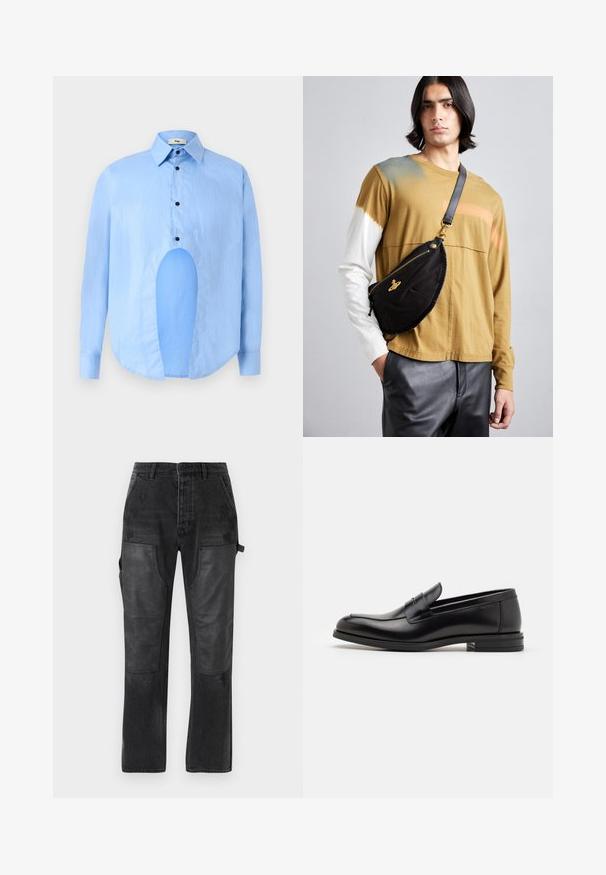 Chemise bleu clair à manches longues avec un col pointu, des boutons noirs et une découpe unique à l'avant pour un design distinctif.; Pantalon en denim noir avec des accents de panneaux en cuir noir contrastants, design à jambe droite et subtils détails effilochés sur le tissu.; Mocassins en cuir noir avec une texture lisse, bout rond et une sangle décorative sur le dessus. Talon bas empilé, design minimaliste.; Vivienne Westwood CITY BUMBAG UNISEX - Sac banane - black