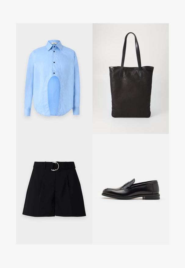 Jasnoniebieska koszula z długim rękawem, z wyostrzonym kołnierzykiem, czarnymi guzikami i unikalnym wycięciem z przodu dla wyróżniającego się designu.; Czarne szorty w kroju dopasowanym, wykonane z tkaniny tkanej. Posiadają szeroki pasek w talii z okrągłą srebrną klamrą, fałdy z przodu oraz prosty krój.; Czarne skórzane mokasyny o gładkiej fakturze, zaokrąglonym nosku i dekoracyjnym pasku na przodzie. Niski, warstwowy obcas, minimalistyczny design.; Czarna torba na ramię z czarnymi skórzanymi uchwytami. Prosty design, pojemne wnętrze i gładka faktura. Bez widocznych logo ani wzorów.