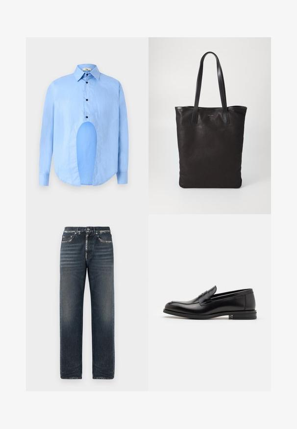 Cămașă albastru deschis cu mâneci lungi, guler ascuțit, nasturi negri și o decupare unică în față pentru un design distinctiv.; Jeanși din denim de culoare bleumarin închis, cu o tăietură lejeră, prezentând o decolorare subtilă, picior drept și un design clasic cu cinci buzunare.; Mocasini din piele neagră cu o textură netedă, vârf rotund și o curea decorativă peste partea superioară. Toc mic, design minimalist.; Geantă de umăr din pânză neagră cu mânere din piele neagră. Design simplu, corp spațios și textură netedă. Fără logo-uri sau modele vizibile.