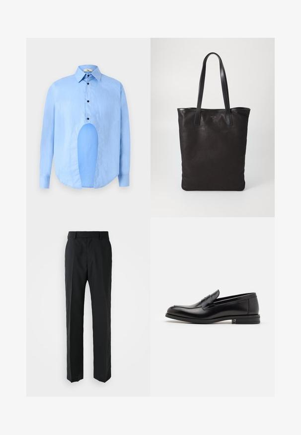 Šviesiai mėlyna ilgarankovė marškiniai su smailiu apykakle, juodais mygtukais ir unikaliu išpjovimu priekyje, kuri suteikia išskirtinį dizainą.; Juodos kelnės su tiesiomis kojomis, pagamintos iš lygaus audinio. Turi plokščią liemenį ir be matomų raštų ar papuošimų.; Juodos odinės loafers, turinčios lygų paviršių, apvalią noselę ir dekoratyvinę juostą per priekinę dalį. Žemas krentantis kulnas, minimalistinis dizainas.; Juodas drobės pirkinių maišelis su juodais odiniais rankenomis. Paprastas dizainas, erdvus kūnas ir lygus paviršius. Nėra matomų logotipų ar raštų.