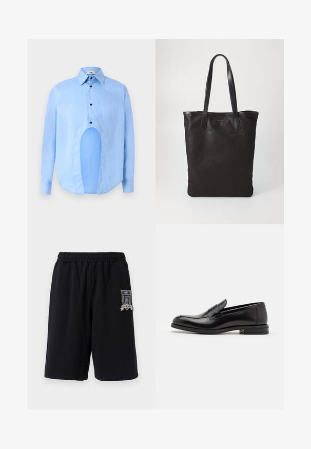 Jasnoniebieska koszula z długim rękawem, z wyostrzonym kołnierzykiem, czarnymi guzikami i unikalnym wycięciem z przodu dla wyróżniającego się designu.; Czarne bawełniane szorty z elastycznym pasem, kieszeniami po bokach oraz ozdobną naszywką z napisem "Miłość i Sprawiedliwość" na lewym nogawku.; Czarne skórzane mokasyny o gładkiej fakturze, zaokrąglonym nosku i dekoracyjnym pasku na przodzie. Niski, warstwowy obcas, minimalistyczny design.; Czarna torba na ramię z czarnymi skórzanymi uchwytami. Prosty design, pojemne wnętrze i gładka faktura. Bez widocznych logo ani wzorów.