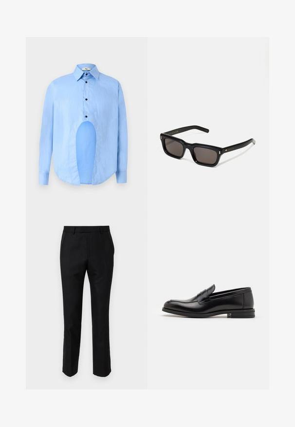 Light blue long-sleeve shirt with a pointed collar, black buttons, and a unique cutout in the front for distinctive design.; Black tailored pants with a slim fit, featuring side pockets and a smooth texture. The edges are finished with a clean hem.; Black leather loafers with a smooth texture, rounded toe, and a decorative strap across the vamp. Low stacked heel, minimalist design.; Black rectangular sunglasses with dark lenses, thick plastic frame, gold accents on temples, and brand logo engraved on the arm.