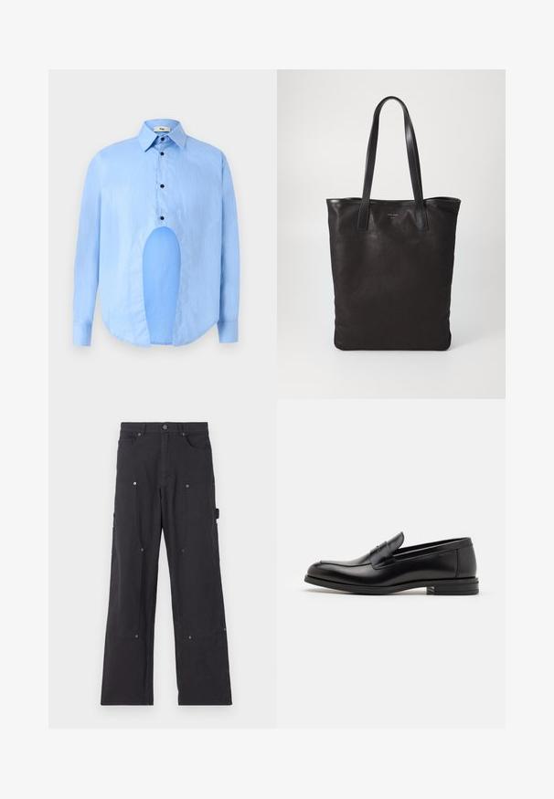 Light blue long-sleeve shirt with a pointed collar, black buttons, and a unique cutout in the front for distinctive design.; Black cargo pants made from durable fabric with a straight leg design, featuring front pockets, snap buttons, and side utility pockets.; Black leather loafers with a smooth texture, rounded toe, and a decorative strap across the vamp. Low stacked heel, minimalist design.; Black canvas tote bag with black leather handles. Simple design, spacious body, and a smooth texture. No visible logos or patterns.