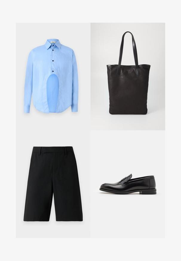 Light blue long-sleeve shirt with a pointed collar, black buttons, and a unique cutout in the front for distinctive design.; Black knee-length tailored shorts with belt loops, flat front, and side pockets against a plain light background.; Black leather loafers with a smooth texture, rounded toe, and a decorative strap across the vamp. Low stacked heel, minimalist design.; Black canvas tote bag with black leather handles. Simple design, spacious body, and a smooth texture. No visible logos or patterns.