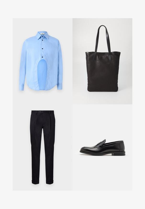 Világoskék, hosszú ujjú ing, hegyes gallérral, fekete gombokkal, és egyedi kivágással elöl, amely különleges dizájnt kölcsönöz.; Fekete, testreszabott nadrág sima anyagból, lapos elejű, két elülső redővel és cuffolt szegéllyel, amely tiszta, strukturált megjelenést kölcsönöz.; Fekete bőr loaferek sima textúrával, kerek orral és dekoratív pánttal a vampnál. Alacsony, rétegelt sarkú, minimalista dizájn.; Fekete vászontáska fekete bőr füllel. Egyszerű dizájn, tágas test és sima textúra. Nincsenek látható logók vagy minták.