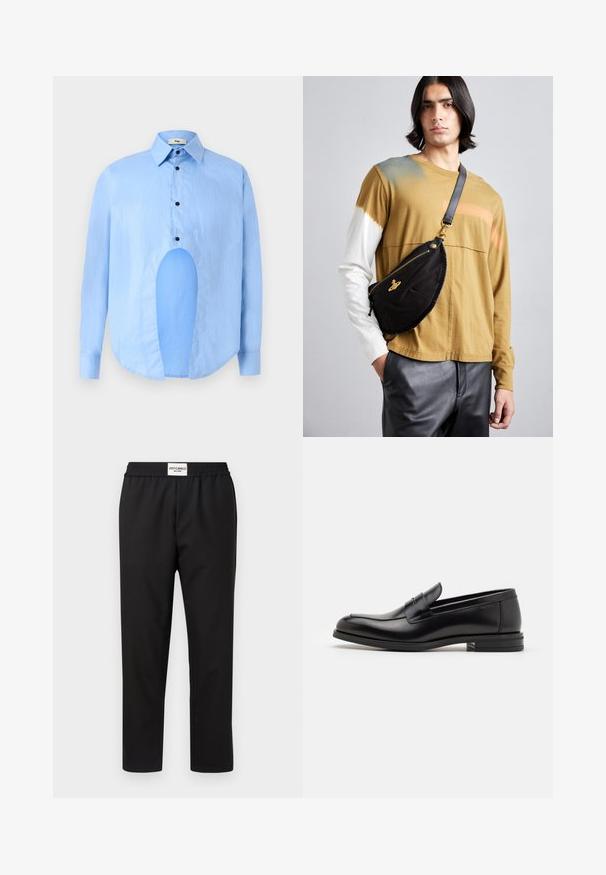 Gaiši zils garām piedurknēm krekls ar punktētu apkakli, melniem pogām un unikālu izgriezumu priekšpusē, lai izceltu dizainu.; Melni bikses ar elastīgu jostu. Izgatavotas no gludas, vieglas auduma. Ar taisnas kājas dizainu un minimālu dekoru.; Melnas ādas kurpes ar gludu tekstūru, noapaļu purngalu un dekoratīvu siksniņu pāri priekšpusei. Zems sakrauts papēdis, minimālisma dizains.; Vivienne Westwood CITY BUMBAG UNISEX - Jostas soma - black