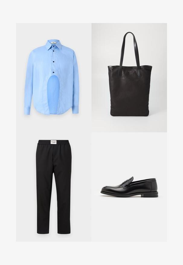 Svetlo modrá košeľa s dlhým rukávom a špicatým golierom, čiernymi gombíkmi a jedinečným výrezom vpredu pre osobitý dizajn.; Čierne nohavice s elastickým pásom. Vyrobené z hladkej, ľahkej tkaniny. Majú rovný strih a minimálne detaily.; Čierne kožené mokasíny s hladkou textúrou, zaoblenou špičkou a dekoračným pásikom cez priehlavok. Nízky vrstvený opätok, minimalistický dizajn.; Čierna plátená taška s čiernymi koženými ušami. Jednoduchý dizajn, priestranné telo a hladká textúra. Žiadne viditeľné logo ani vzory.