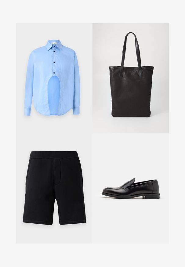 Light blue long-sleeve shirt with a pointed collar, black buttons, and a unique cutout in the front for distinctive design.; Black athletic shorts made of soft material; features an elastic waistband, two side pockets, and contrasting stitching.; Black leather loafers with a smooth texture, rounded toe, and a decorative strap across the vamp. Low stacked heel, minimalist design.; Black canvas tote bag with black leather handles. Simple design, spacious body, and a smooth texture. No visible logos or patterns.