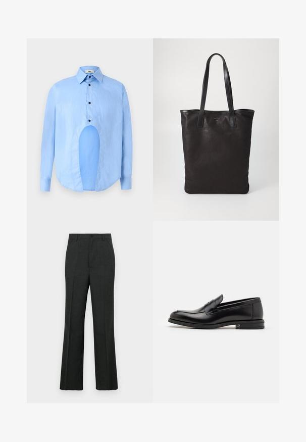 Lysblå langærmet skjorte med spids krave, sorte knapper og et unikt udskæring foran for et særpræget design.; Mørkegrå skræddersyede bukser med lige snit, der har knaplukning, forlommer og en subtil tekstureret stof.; Sorte læderloafers med en glat overflade, rund tå og en dekorativ strop over vampen. Lav hæl med stabeldesign, minimalistisk stil.; Sort lærred tote taske med sorte læderhåndtag. Simpelt design, rummelig krop og en glat overflade. Ingen synlige logoer eller mønstre.