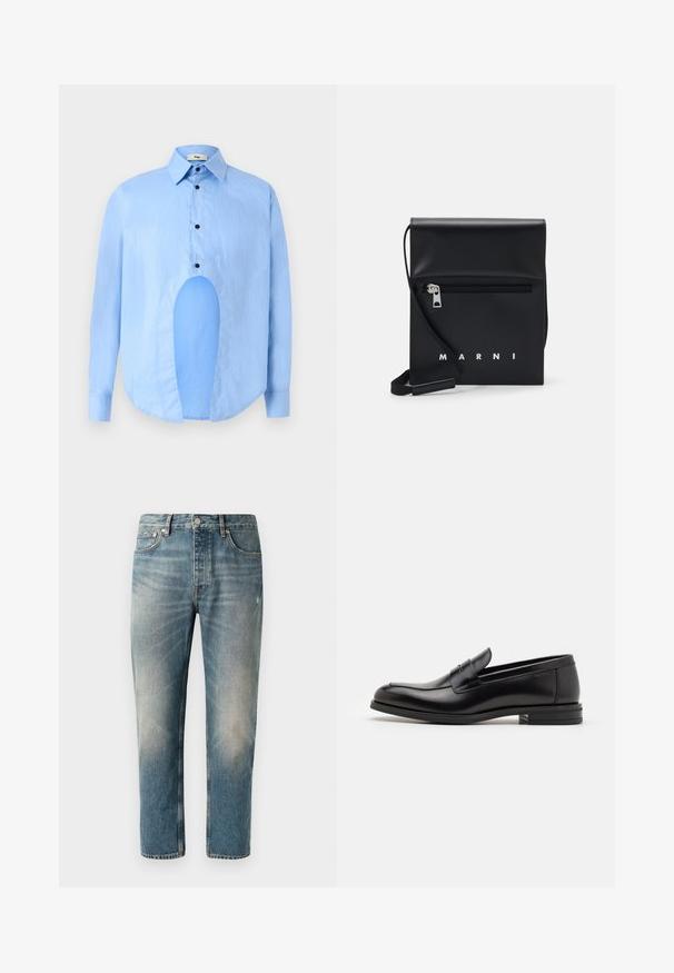 Light blue long-sleeve shirt with a pointed collar, black buttons, and a unique cutout in the front for distinctive design.; Light blue denim jeans with a straight cut. Features a button closure, five pockets, and subtle faded areas and whiskering at the thighs.; Black leather loafers with a smooth texture, rounded toe, and a decorative strap across the vamp. Low stacked heel, minimalist design.; Black leather crossbody bag with a zippered front pocket, embossed logo, and adjustable strap. Smooth texture with a structured shape.