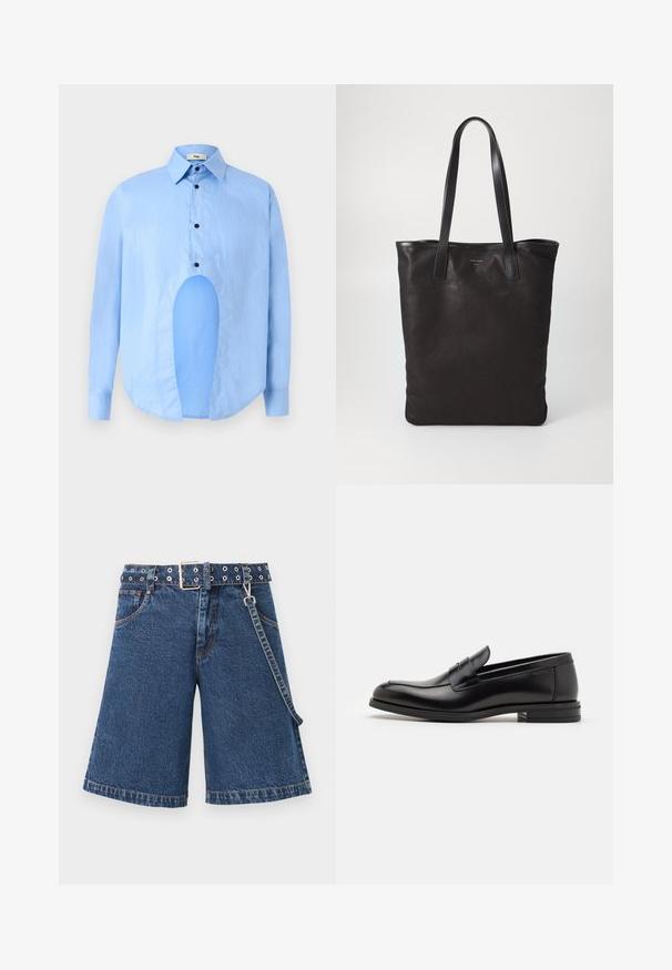 Šviesiai mėlyna ilgarankovė marškiniai su smailiu apykakle, juodais mygtukais ir unikaliu išpjovimu priekyje, kuri suteikia išskirtinį dizainą.; Tamsiai mėlyni džinsiniai šortai, plačios iškirpimo dizainas su diržu, kuriame yra metalinės aklės, baigti kontrastingomis siūlėmis ir šonine grandine.; Juodos odinės loafers, turinčios lygų paviršių, apvalią noselę ir dekoratyvinę juostą per priekinę dalį. Žemas krentantis kulnas, minimalistinis dizainas.; Juodas drobės pirkinių maišelis su juodais odiniais rankenomis. Paprastas dizainas, erdvus kūnas ir lygus paviršius. Nėra matomų logotipų ar raštų.