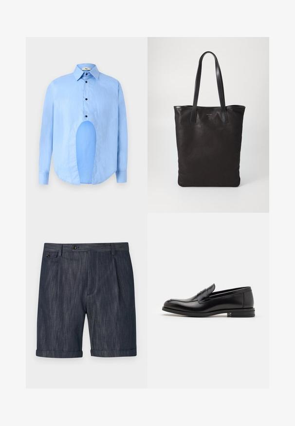 Világoskék, hosszú ujjú ing, hegyes gallérral, fekete gombokkal, és egyedi kivágással elöl, amely különleges dizájnt kölcsönöz.; Sötétkék, texturált anyagból készült nadrágshorts, hajtott szegéllyel, elülső redőzéssel és egyetlen gombbal ellátott derékrésszel.; Fekete bőr loaferek sima textúrával, kerek orral és dekoratív pánttal a vampnál. Alacsony, rétegelt sarkú, minimalista dizájn.; Fekete vászontáska fekete bőr füllel. Egyszerű dizájn, tágas test és sima textúra. Nincsenek látható logók vagy minták.