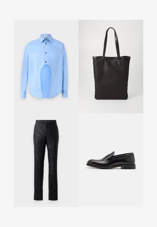 Svetlo modrá košeľa s dlhým rukávom a špicatým golierom, čiernymi gombíkmi a jedinečným výrezom vpredu pre osobitý dizajn.; Čierne nohavice s jemným kvetinovým jacquardom, rovného strihu a hladkej textúry. Majú klasický pás a prispôsobený strih.; Čierne kožené mokasíny s hladkou textúrou, zaoblenou špičkou a dekoračným pásikom cez priehlavok. Nízky vrstvený opätok, minimalistický dizajn.; Čierna plátená taška s čiernymi koženými ušami. Jednoduchý dizajn, priestranné telo a hladká textúra. Žiadne viditeľné logo ani vzory.