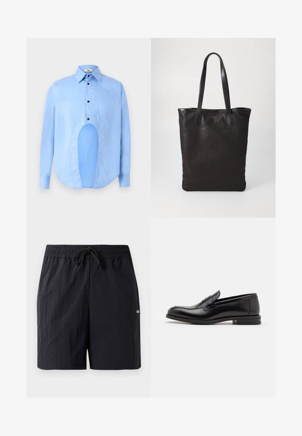 Light blue long-sleeve shirt with a pointed collar, black buttons, and a unique cutout in the front for distinctive design.; Black swim shorts made of textured fabric, featuring an elastic waistband with drawstring and a small logo on the side.; Black leather loafers with a smooth texture, rounded toe, and a decorative strap across the vamp. Low stacked heel, minimalist design.; Black canvas tote bag with black leather handles. Simple design, spacious body, and a smooth texture. No visible logos or patterns.