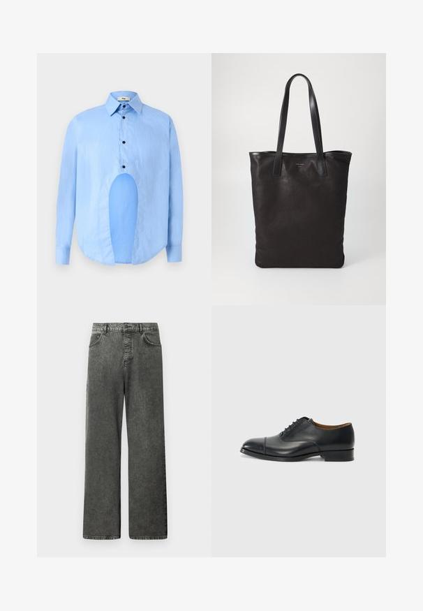 Light blue long-sleeve shirt with a pointed collar, black buttons, and a unique cutout in the front for distinctive design.; Black wide-leg denim jeans with front and back pockets, belt loops, and a button closure at the waist.; Black leather dress shoe with a smooth finish, rounded toe, five eyelets for laces, and low block heel. Minimalist design with subtle stitching.; Black canvas tote bag with black leather handles. Simple design, spacious body, and a smooth texture. No visible logos or patterns.