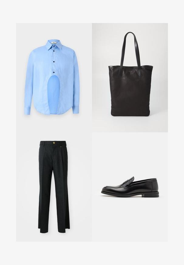 Világoskék, hosszú ujjú ing, hegyes gallérral, fekete gombokkal, és egyedi kivágással elöl, amely különleges dizájnt kölcsönöz.; Sötétszürke nadrág, lapos elülső résszel és redőkkel, arany gombbal és cipzáras záródással, texturált gyapjú keverék anyagból készült.; Fekete bőr loaferek sima textúrával, kerek orral és dekoratív pánttal a vampnál. Alacsony, rétegelt sarkú, minimalista dizájn.; Fekete vászontáska fekete bőr füllel. Egyszerű dizájn, tágas test és sima textúra. Nincsenek látható logók vagy minták.