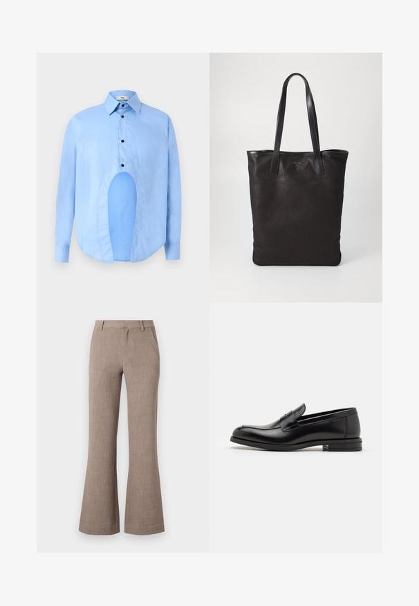 Cămașă albastru deschis cu mâneci lungi, guler ascuțit, nasturi negri și o decupare unică în față pentru un design distinctiv.; Pantaloni bej evazați dintr-un material texturat, cu închidere cu fermoar și buzunare laterale pentru funcționalitate. Design ajustat.; Mocasini din piele neagră cu o textură netedă, vârf rotund și o curea decorativă peste partea superioară. Toc mic, design minimalist.; Geantă de umăr din pânză neagră cu mânere din piele neagră. Design simplu, corp spațios și textură netedă. Fără logo-uri sau modele vizibile.