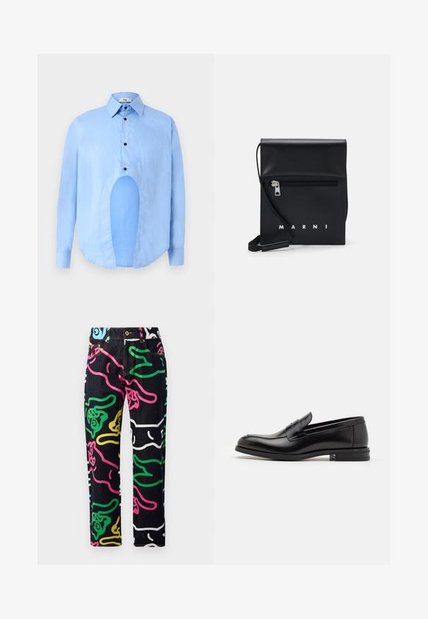 Camisa de manga larga azul claro con collar puntiagudo, botones negros y un corte único en la parte frontal para un diseño distintivo.; Vaqueros de denim con una base negra y patrones abstractos coloridos en rosa, verde, azul, amarillo y blanco. Diseño estándar de cinco bolsillos.; Mocasines de cuero negro con una textura suave, puntera redondeada y una tira decorativa en el empeine. Tacón bajo apilado, diseño minimalista.; Bolso de hombro de cuero negro con un bolsillo frontal con cremallera, logo en relieve y correa ajustable. Textura suave con una forma estructurada.