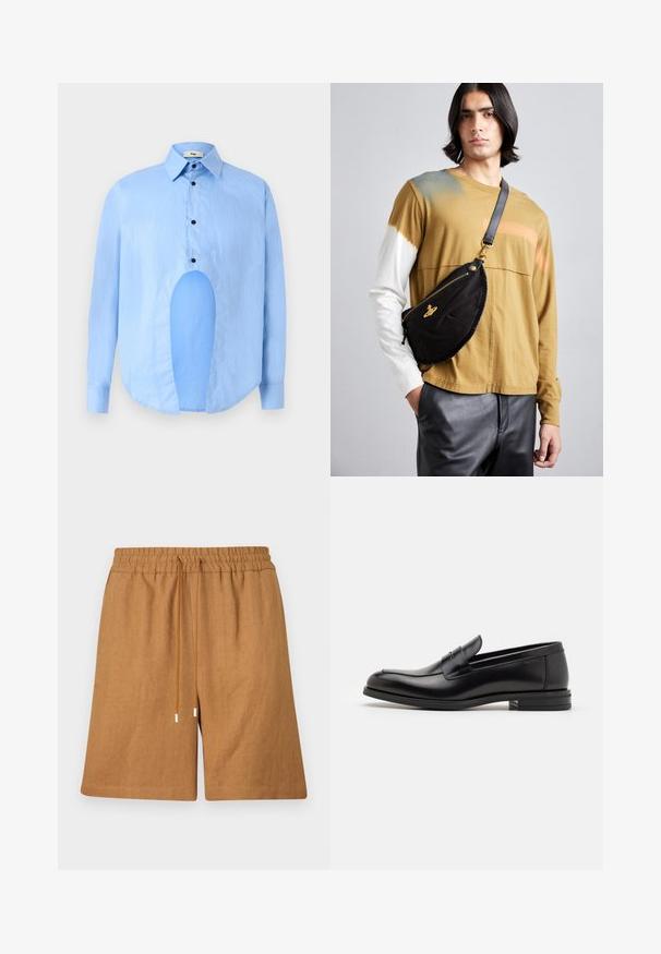 Light blue long-sleeve shirt with a pointed collar, black buttons, and a unique cutout in the front for distinctive design.; Brown linen shorts with an elastic waistband, drawstring closure, and a relaxed fit. Features a smooth texture and stitched hems.; Black leather loafers with a smooth texture, rounded toe, and a decorative strap across the vamp. Low stacked heel, minimalist design.; Vivienne Westwood CITY BUMBAG UNISEX - Bum bag - black