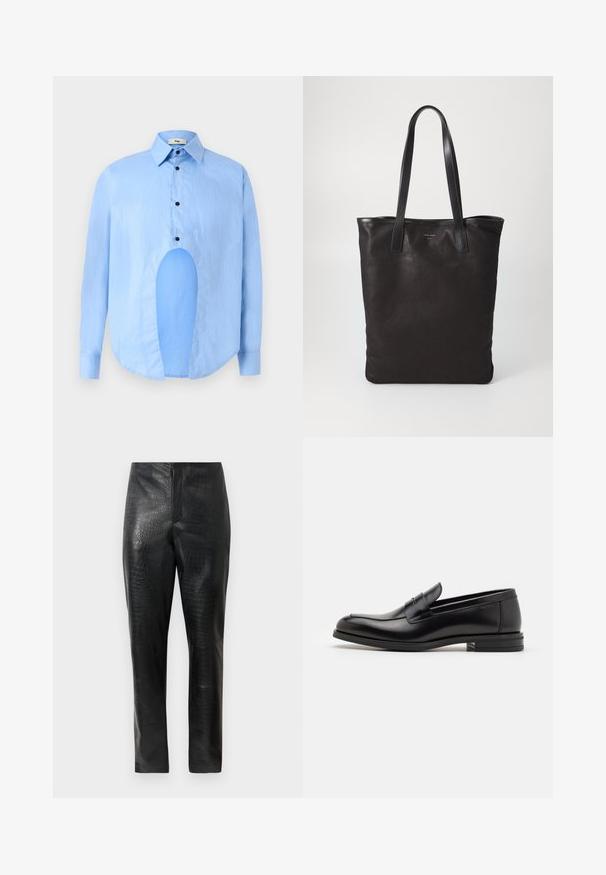 Világoskék, hosszú ujjú ing, hegyes gallérral, fekete gombokkal, és egyedi kivágással elöl, amely különleges dizájnt kölcsönöz.; Fekete műbőr nadrág, finom krokodilbőr textúrával, egyenes szárú fazonnal és magas derekú kialakítással, sima fehér háttér előtt.; Fekete bőr loaferek sima textúrával, kerek orral és dekoratív pánttal a vampnál. Alacsony, rétegelt sarkú, minimalista dizájn.; Fekete vászontáska fekete bőr füllel. Egyszerű dizájn, tágas test és sima textúra. Nincsenek látható logók vagy minták.