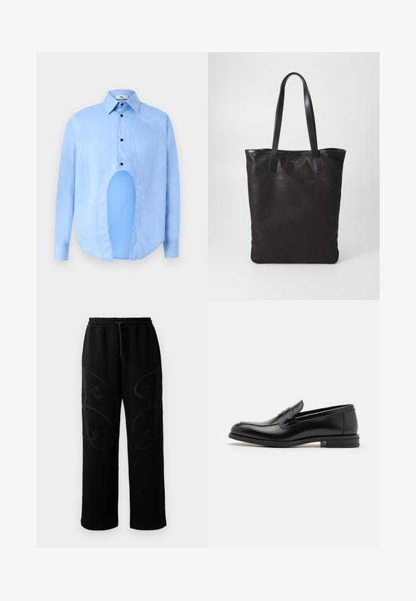 Light blue long-sleeve shirt with a pointed collar, black buttons, and a unique cutout in the front for distinctive design.; Black sweatpants with a relaxed fit, featuring intricate swirling stitching patterns along the sides and an elastic waistband with drawstring.; Black leather loafers with a smooth texture, rounded toe, and a decorative strap across the vamp. Low stacked heel, minimalist design.; Black canvas tote bag with black leather handles. Simple design, spacious body, and a smooth texture. No visible logos or patterns.