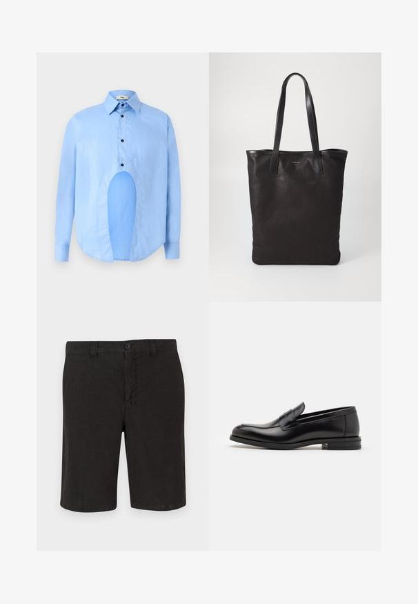 Cămașă albastru deschis cu mâneci lungi, guler ascuțit, nasturi negri și o decupare unică în față pentru un design distinctiv.; Șorturi negre din in, cu închidere frontală cu nasture, design plat și croială dreaptă. Material ușor, cu o finisare netedă.; Mocasini din piele neagră cu o textură netedă, vârf rotund și o curea decorativă peste partea superioară. Toc mic, design minimalist.; Geantă de umăr din pânză neagră cu mânere din piele neagră. Design simplu, corp spațios și textură netedă. Fără logo-uri sau modele vizibile.