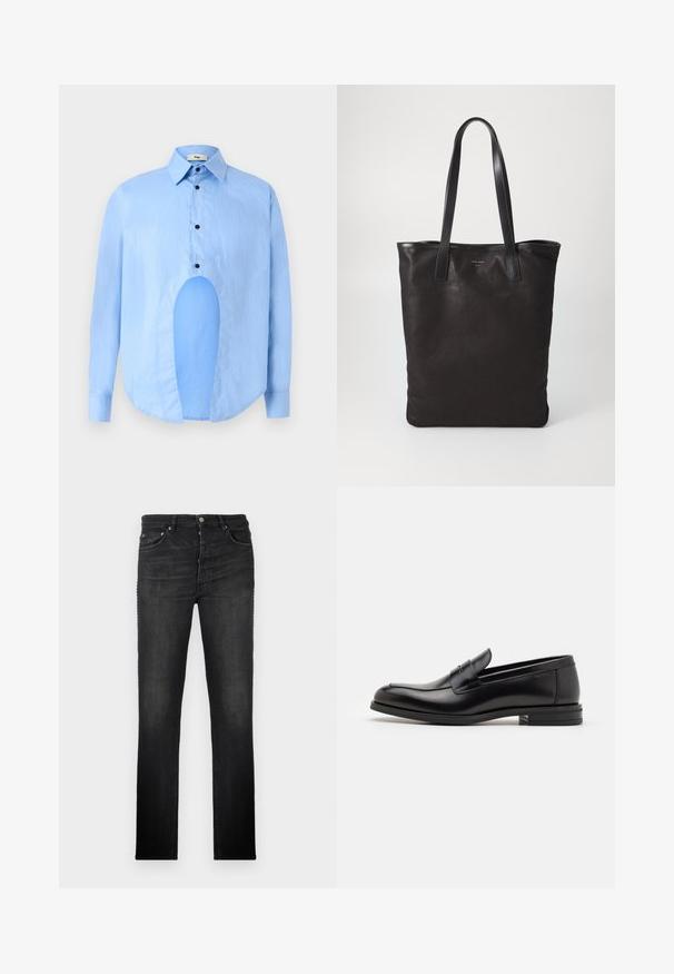 Világoskék, hosszú ujjú ing, hegyes gallérral, fekete gombokkal, és egyedi kivágással elöl, amely különleges dizájnt kölcsönöz.; Fekete farmernadrág egyenes lábbal, öt zsebbel és fém részletekkel; sima textúrával és minimális koptatási részletekkel.; Fekete bőr loaferek sima textúrával, kerek orral és dekoratív pánttal a vampnál. Alacsony, rétegelt sarkú, minimalista dizájn.; Fekete vászontáska fekete bőr füllel. Egyszerű dizájn, tágas test és sima textúra. Nincsenek látható logók vagy minták.