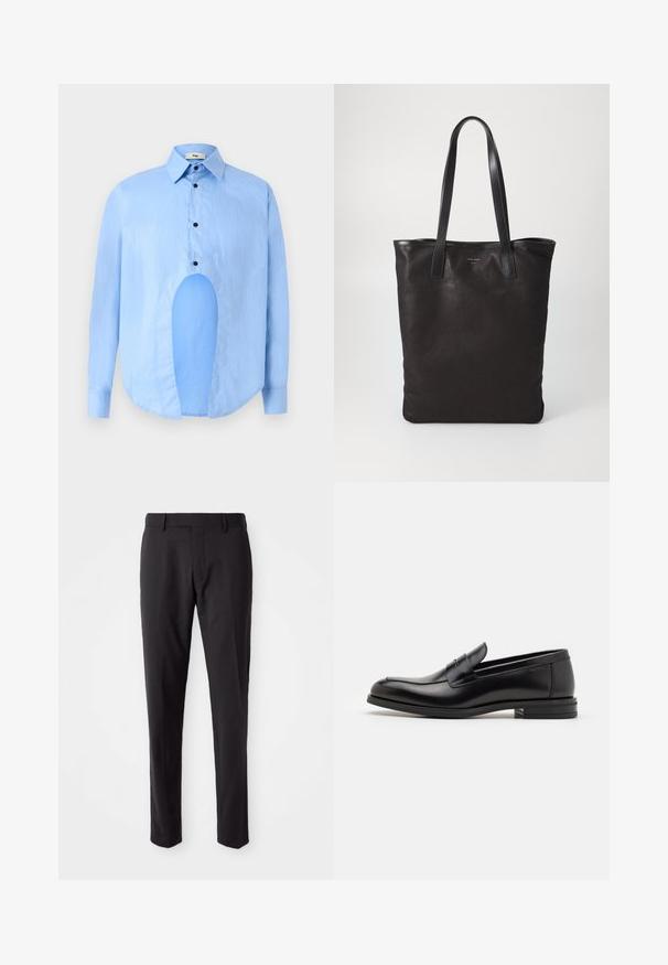 Šviesiai mėlyna ilgarankovė marškiniai su smailiu apykakle, juodais mygtukais ir unikaliu išpjovimu priekyje, kuri suteikia išskirtinį dizainą.; Juodi prisiūti kelnės su lygia priekiu, siauru kirpimu, diržo kilpomis ir sklandžiu tekstūru. Tinka oficialiam ar verslo aprangai.; Juodos odinės loafers, turinčios lygų paviršių, apvalią noselę ir dekoratyvinę juostą per priekinę dalį. Žemas krentantis kulnas, minimalistinis dizainas.; Juodas drobės pirkinių maišelis su juodais odiniais rankenomis. Paprastas dizainas, erdvus kūnas ir lygus paviršius. Nėra matomų logotipų ar raštų.