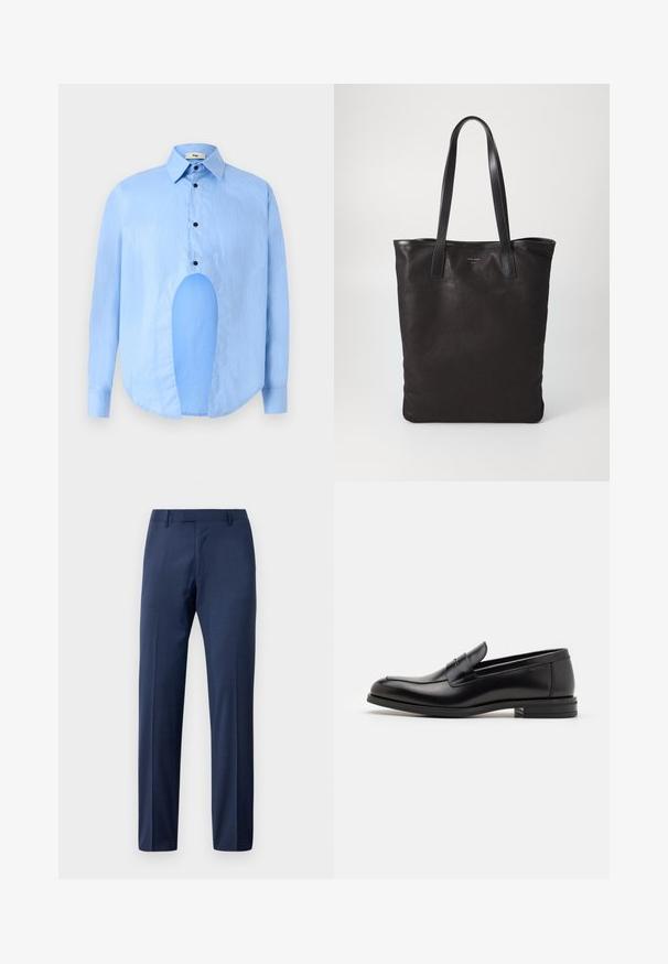 Vaaleansininen pitkähiha shirtti, jossa on terävä kaulus, mustat napit ja ainutlaatuinen aukko edessä erottuvan muotoilun vuoksi.; Miestne nohavice z modrého obleku s prispôsobeným strihom, s pútkami na opasok a predným zapínaním, vystavené na bielom pozadí.; Mustat nahkakengät, joissa on sileä pinta, pyöreä kärki ja koristeellinen nauha jalkapöydän yli. Matala pinoitu koroke, minimalistinen muotoilu.; Mustat kangaskassit mustilla nahkahandleilla. Yksinkertainen muotoilu, tilava runko ja sileä pinta. Ei näkyviä logoja tai kuvioita.