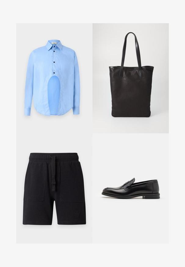 Cămașă albastru deschis cu mâneci lungi, guler ascuțit, nasturi negri și o decupare unică în față pentru un design distinctiv.; Shorts negri dintr-un amestec de bumbac, cu talie elastică și șnur, două buzunare laterale și un detaliu mic cu logo.; Mocasini din piele neagră cu o textură netedă, vârf rotund și o curea decorativă peste partea superioară. Toc mic, design minimalist.; Geantă de umăr din pânză neagră cu mânere din piele neagră. Design simplu, corp spațios și textură netedă. Fără logo-uri sau modele vizibile.