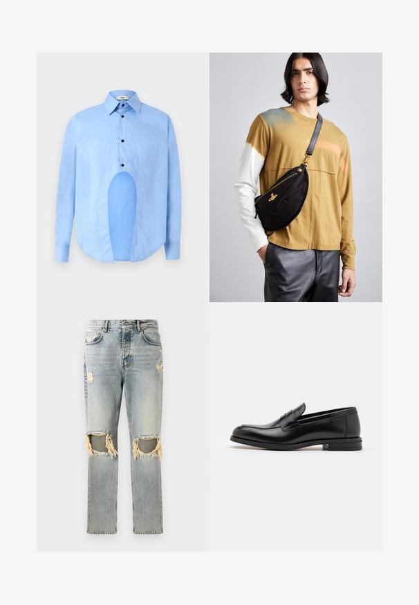 Vaaleansininen pitkähiha shirtti, jossa on terävä kaulus, mustat napit ja ainutlaatuinen aukko edessä erottuvan muotoilun vuoksi.; Vaaleansiniset farkut, joissa on rento istuvuus. Farkuissa on kuluneita kohtia ja revittyjä aukkoja polvissa. Klassinen viiden taskun muotoilu.; Mustat nahkakengät, joissa on sileä pinta, pyöreä kärki ja koristeellinen nauha jalkapöydän yli. Matala pinoitu koroke, minimalistinen muotoilu.; Vivienne Westwood CITY BUMBAG UNISEX - Vyölaukku - black