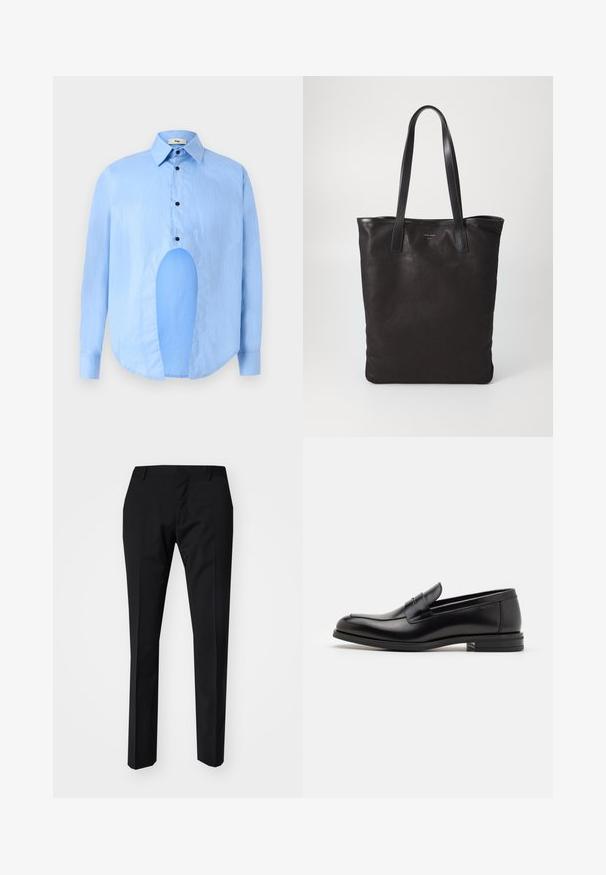 Světle modrá košile s dlouhými rukávy, špičatým límcem, černými knoflíky a unikátním výřezem vpředu pro výjimečný design.; Černé kalhoty s úzkým střihem, s plochým předním dílem, poutky na pásek a bez viditelných kapes. Hladký povrch a čisté linie.; Černé kožené polobotky s hladkou texturou, zaoblenou špičkou a zdobným páskem přes nárt. Nízký stohovaný podpatek, minimalistický design.; Černá plátěná taška s černými koženými uchy. Jednoduchý design, prostorné tělo a hladký povrch. Žádné viditelné loga ani vzory.