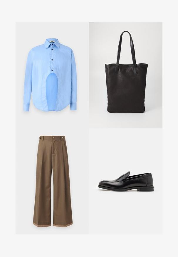 Himmelblaues Langarmhemd mit spitzem Kragen, schwarzen Knöpfen und einem einzigartigen Ausschnitt vorne für ein markantes Design.; Weite Beinkleider aus einem dunkelbraunen Stoff, mit zwei Seiten Taschen, zwei dekorativen vorderen Knöpfen und einem kontrastierenden Saumdetail.; Schwarze Lederloafers mit glatter Textur, rundem Zehenbereich und einem dekorativen Riemen über dem Vorderfuß. Niedriger, gestapelter Absatz, minimalistisches Design.; Schwarze Stofftote mit schwarzen Ledergriffen. Einfaches Design, geräumiger Körper und glatte Textur. Keine sichtbaren Logos oder Muster.