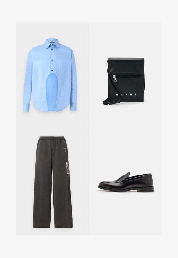 Világoskék, hosszú ujjú ing, hegyes gallérral, fekete gombokkal, és egyedi kivágással elöl, amely különleges dizájnt kölcsönöz.; Széles lábú nadrág sötétszürke anyagból, díszítő folttal az elülső zseben és rugalmas derékkal a kényelem érdekében.; Fekete bőr loaferek sima textúrával, kerek orral és dekoratív pánttal a vampnál. Alacsony, rétegelt sarkú, minimalista dizájn.; Fekete bőr keresztpántos táska cipzáras elülső zsebbel, dombornyomott logóval és állítható pánttal. Simább textúra, amelynek strukturált alakja van.