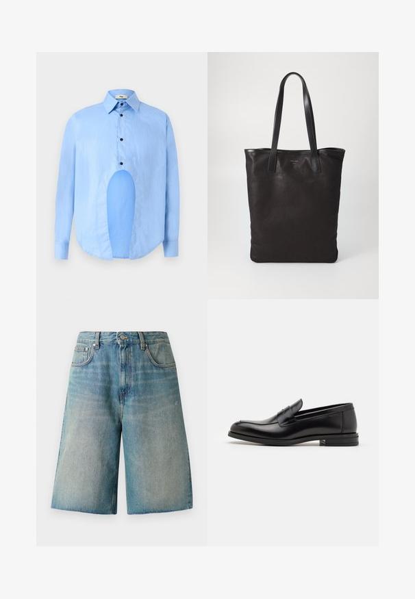 Ljusblå långärmad skjorta med spetsig krage, svarta knappar och en unik urklipp framtill för en distinkt design.; Ljusblå denimshorts med rak skärning, hög midja och fransad nederkant. Har fem fickor och knappstängning fram.; Svarta läderloafers med en slät yta, rund tå och ett dekorativt band över främre delen. Låg staplad klack, minimalistisk design.; Svart canvas toteväska med svarta läderhandtag. Enkel design, rymlig kropp och en slät textur. Inga synliga logotyper eller mönster.