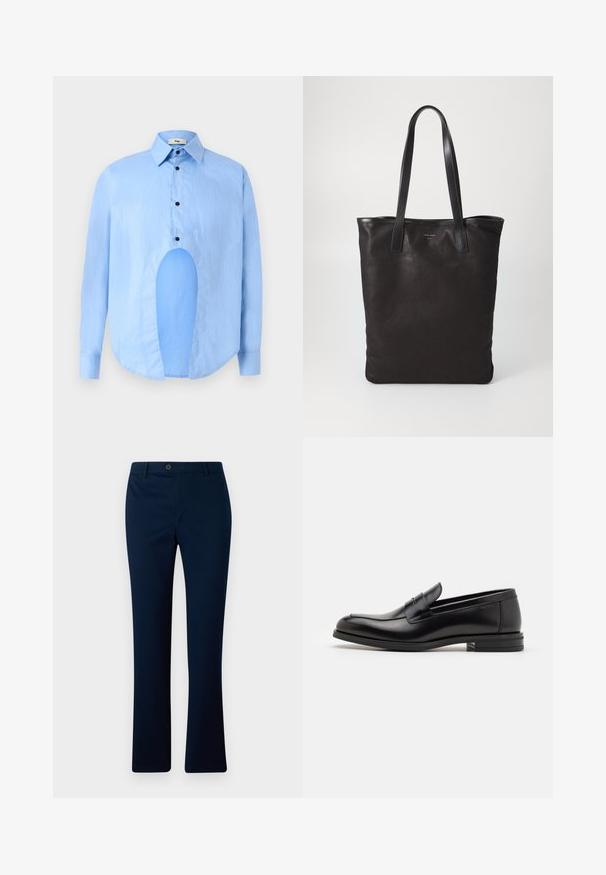 Light blue long-sleeve shirt with a pointed collar, black buttons, and a unique cutout in the front for distinctive design.; Navy blue trousers with a straight fit, featuring a single front button closure and belt loops, made from a smooth woven fabric.; Black leather loafers with a smooth texture, rounded toe, and a decorative strap across the vamp. Low stacked heel, minimalist design.; Black canvas tote bag with black leather handles. Simple design, spacious body, and a smooth texture. No visible logos or patterns.