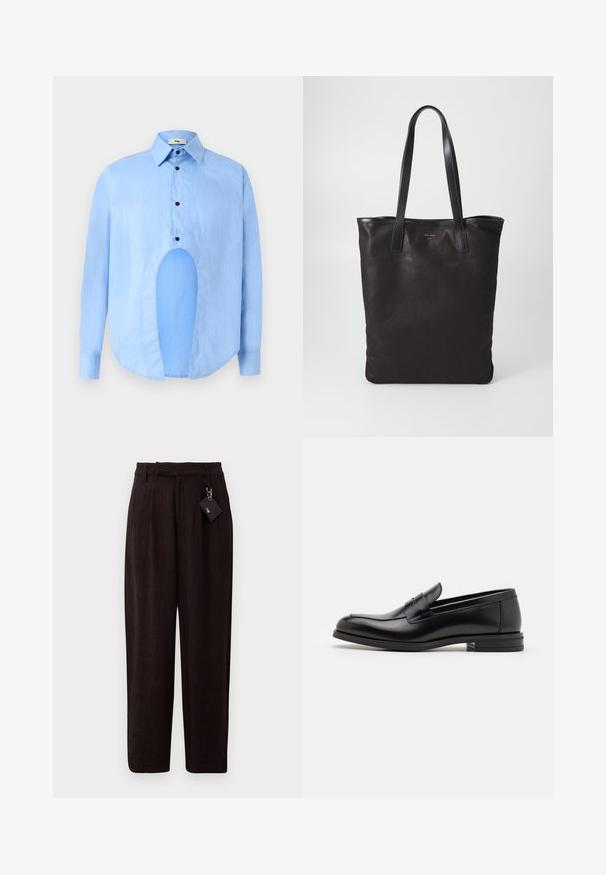 Light blue long-sleeve shirt with a pointed collar, black buttons, and a unique cutout in the front for distinctive design.; Dark brown, textured trousers with a loose fit, featuring a belted waist and a tag attached via a metal loop. Flat front and straight legs.; Black leather loafers with a smooth texture, rounded toe, and a decorative strap across the vamp. Low stacked heel, minimalist design.; Black canvas tote bag with black leather handles. Simple design, spacious body, and a smooth texture. No visible logos or patterns.