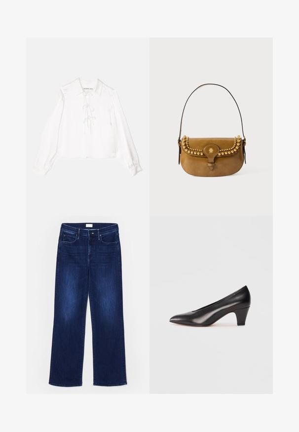 Balta ilga rankovė bluzė su apykakle, turinti centrinę nėrimo detalę, pagaminta iš lygaus audinio. Rankogaliai yra elastiniai.; Tamsiai mėlynos plačių kojų džinsai, pagaminti iš džinsinio audinio, su priekinėmis kišenėmis, užtrauktuku ir tvarkinga apatine dalimi su minimaliu nusidėvėjimu.; Juodas odinis aukštakulnis batai su smailiu nosiu, vidutinio aukščio kulnu ir lygiu paviršiumi. Paprastas dizainas be matomų puošmenų.; Ruda odinė rankinė su išlenkta forma, su auksiniais smeigėmis viršuje, trumpu dirželiu ir sagties uždarymu.