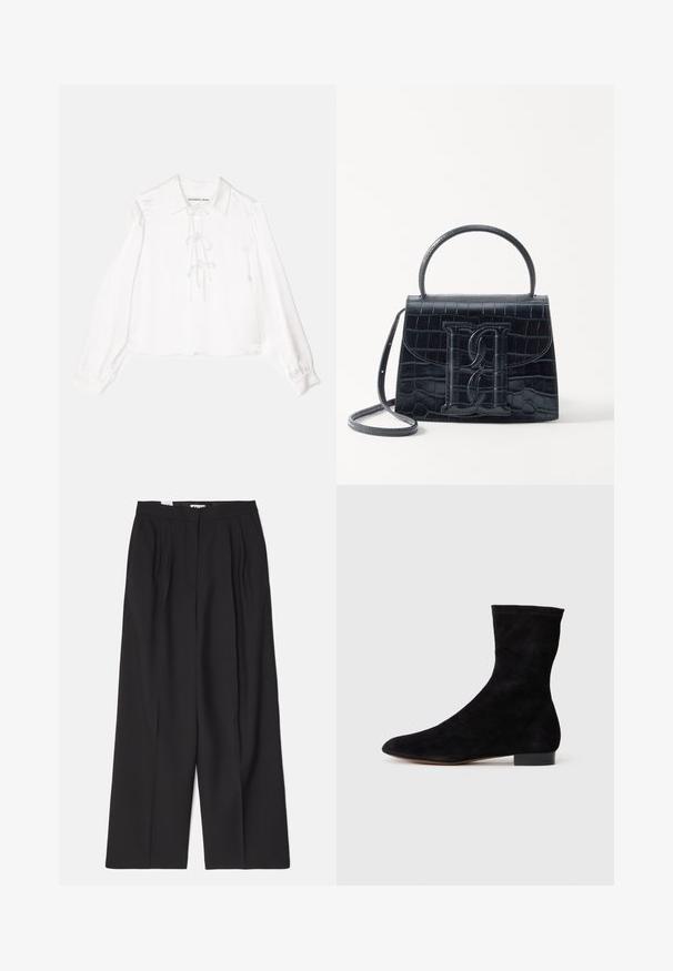 Blouse blanche à manches longues avec un col, présentant un détail central à lacets, fabriquée en tissu lisse. Les poignets sont élastiques.; Bally Pantalon classique - black; Bottine en suede noir avec une tige ajustée, un bout pointu et un petit talon bloc. Texture lisse et design minimaliste, adaptée à un styling polyvalent.; Sac à main en cuir noir embossé en crocodile avec un design structuré, une poignée supérieure, une bandoulière ajustable et un détail de logo en avant bien visible.