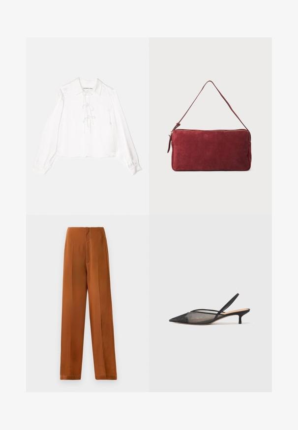 Bílá halenka s dlouhým rukávem a límečkem, se středovým detailním šněrováním, vyrobená z hladkého materiálu. Rukávy mají elastické manžety.; Kalhoty s širokými nohavicemi v teplé hnědé barvě, s hladkým povrchem, vysokým pasem a kontrastním bílým šitím podél švů.; NEOUS IRENA - Klasické lodičky - black; Burgundská semišová kabelka přes rameno s jedním popruhem, plochý obdélníkový tvar a zlatý zip. Hladký povrch s minimalistickým designem.