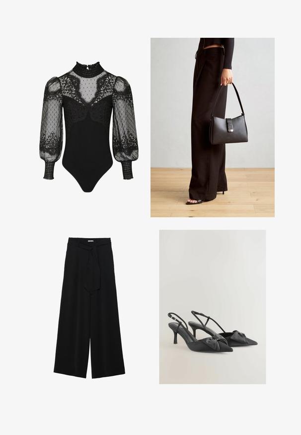 Černý body s vysokým volánovým límcem, průhlednými nabíranými rukávy s krajkovými akcenty a přiléhavým spodním dílem. Podrobně zdobený puntíky a květinovými vzory.; Černé kalhoty s širokými nohavicemi, vyrobené z texturované tkaniny, s elastickým pasem a odnímatelným páskem na úpravu velikosti.; Černé saténové lodičky na podpatku s špičatou špičkou, malými mašličkami na nártu a štíhlými podpatky. Mají nastavitelné řemínky kolem kotníků.; Černá kabelka se strukturovaným tvarem, hladkým povrchem a kovovým uzávěrem. Kombinována s širokými černými kalhotami a sandály s otevřenou špičkou na dřevěné podlaze.